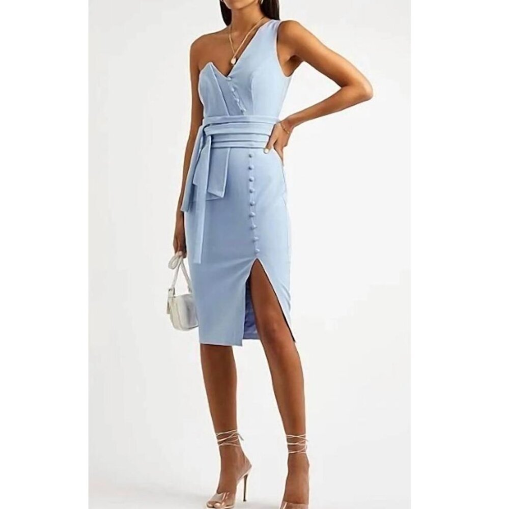 Lavish Alice Origami Belted Dress Light Blue Structured Midi Dress NWT
